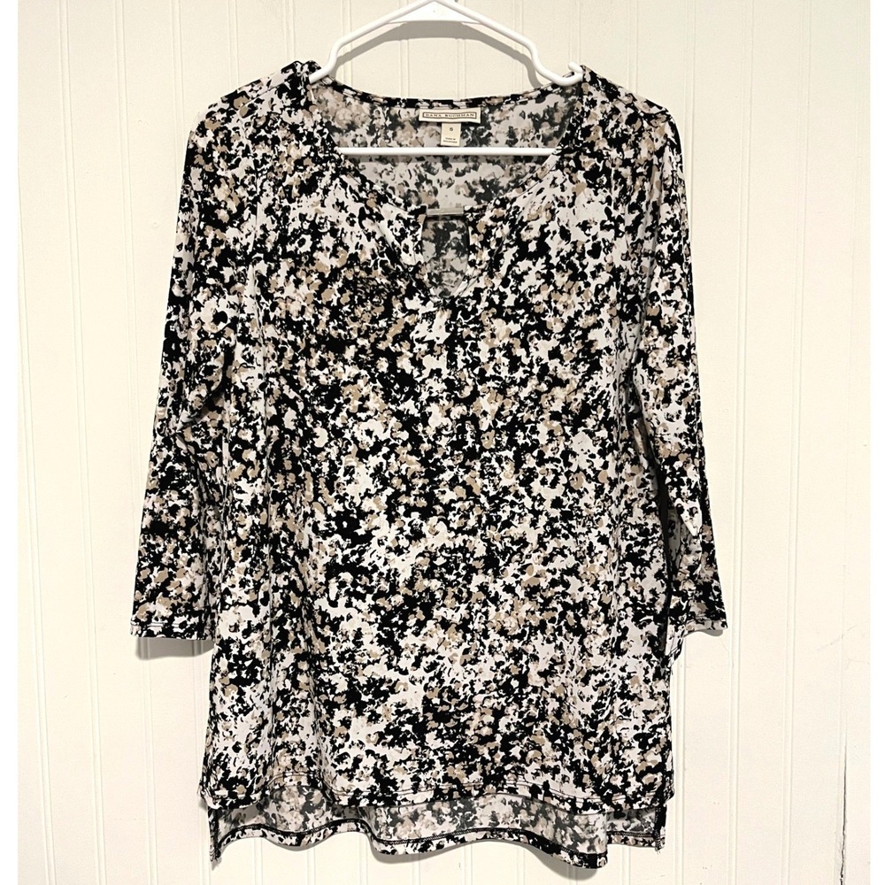 Dana Buchman Blouse Women S Black Tan Abstract Keyhole Metal Bar Top Office wear